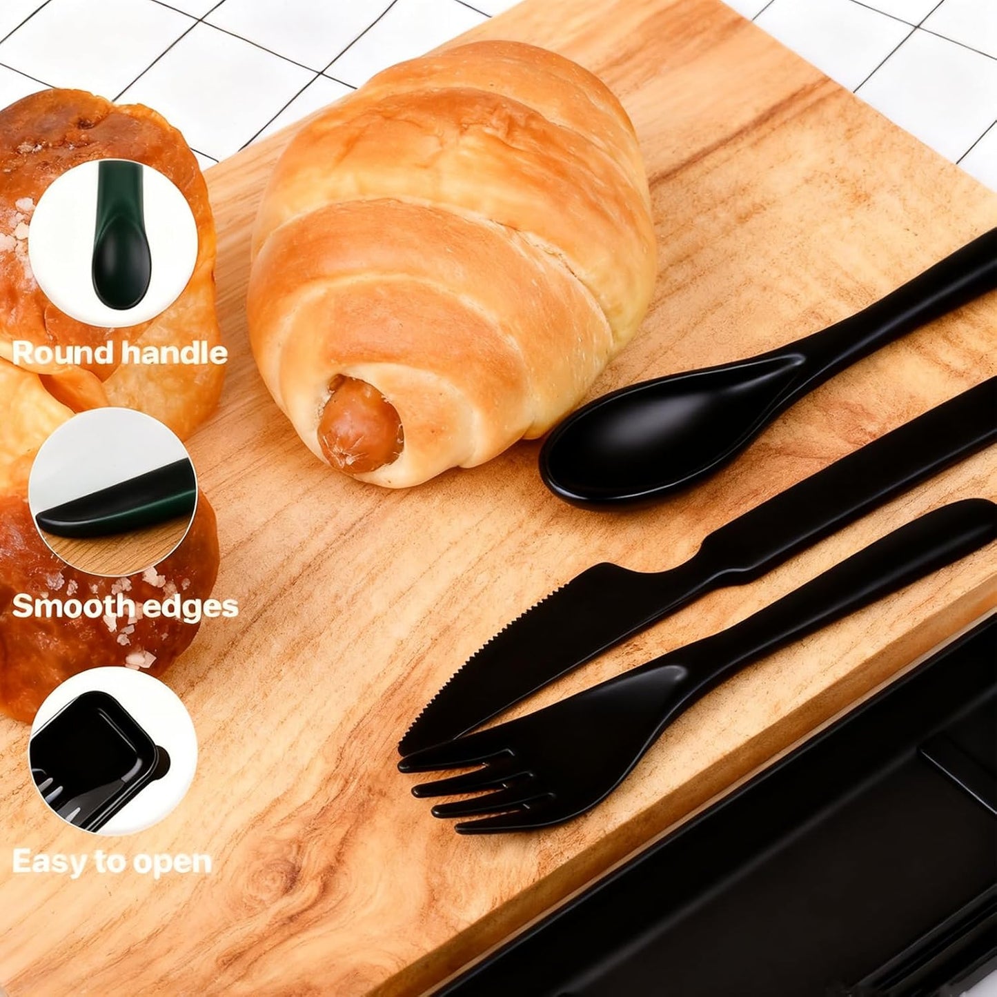 Travel Utensils with Case, Camping Utensil Sets, Wheat Straw Portable Knife Fork Spoons Tableware, Reusable Utensils for Lunch Box (Black)