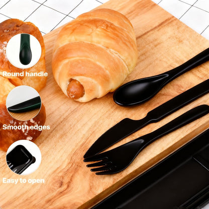 Travel Utensils with Case, Camping Utensil Sets, Wheat Straw Portable Knife Fork Spoons Tableware, Reusable Utensils for Lunch Box (Black)