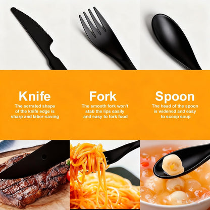 Travel Utensils with Case, Camping Utensil Sets, Wheat Straw Portable Knife Fork Spoons Tableware, Reusable Utensils for Lunch Box (Black)