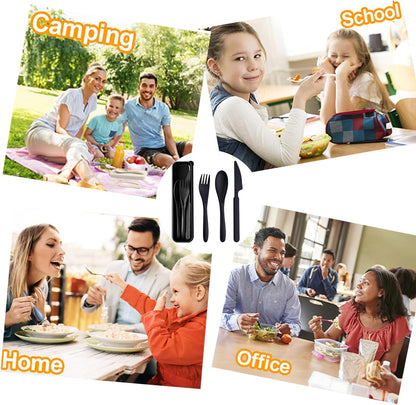 Travel Utensils with Case, Camping Utensil Sets, Wheat Straw Portable Knife Fork Spoons Tableware, Reusable Utensils for Lunch Box (Black)