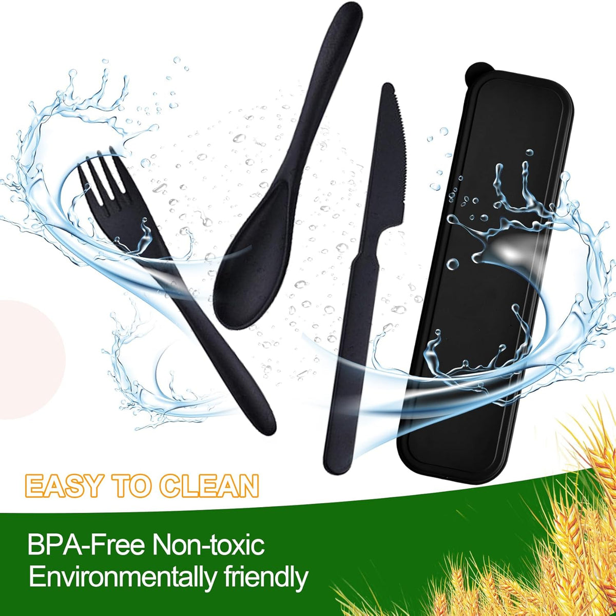 Travel Utensils with Case, Camping Utensil Sets, Wheat Straw Portable Knife Fork Spoons Tableware, Reusable Utensils for Lunch Box (Black)
