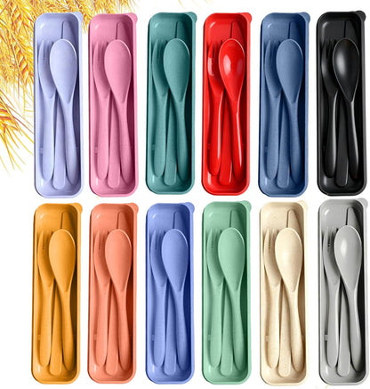 Travel Utensils with Case, Camping Utensil Sets, Wheat Straw Portable Knife Fork Spoons Tableware, Reusable Utensils for Lunch Box (Black)