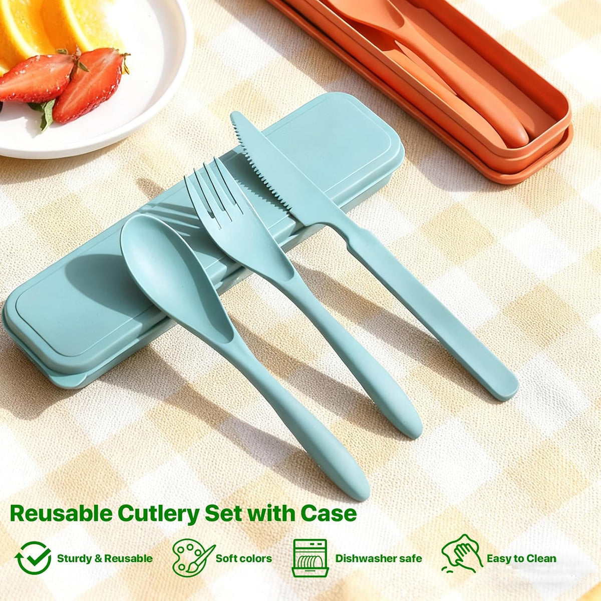 Travel Utensils with Case, Camping Utensil Sets, Wheat Straw Portable Knife Fork Spoons Tableware, Reusable Utensils for Lunch Box (Black)