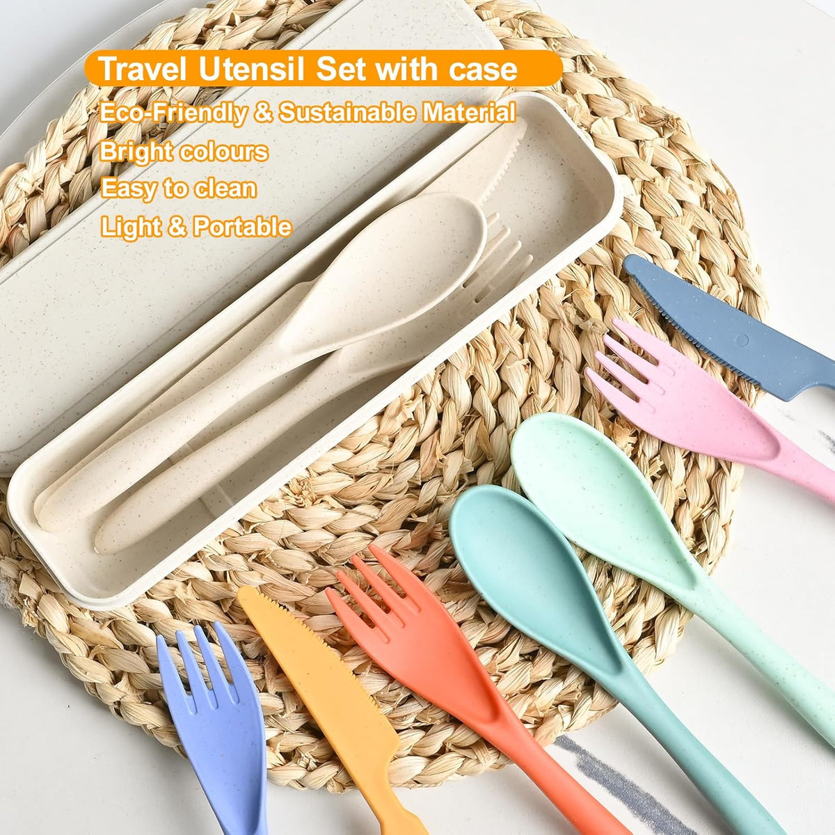 Travel Utensils with Case, Camping Utensil Sets, Wheat Straw Portable Knife Fork Spoons Tableware, Reusable Utensils for Lunch Box (Black)