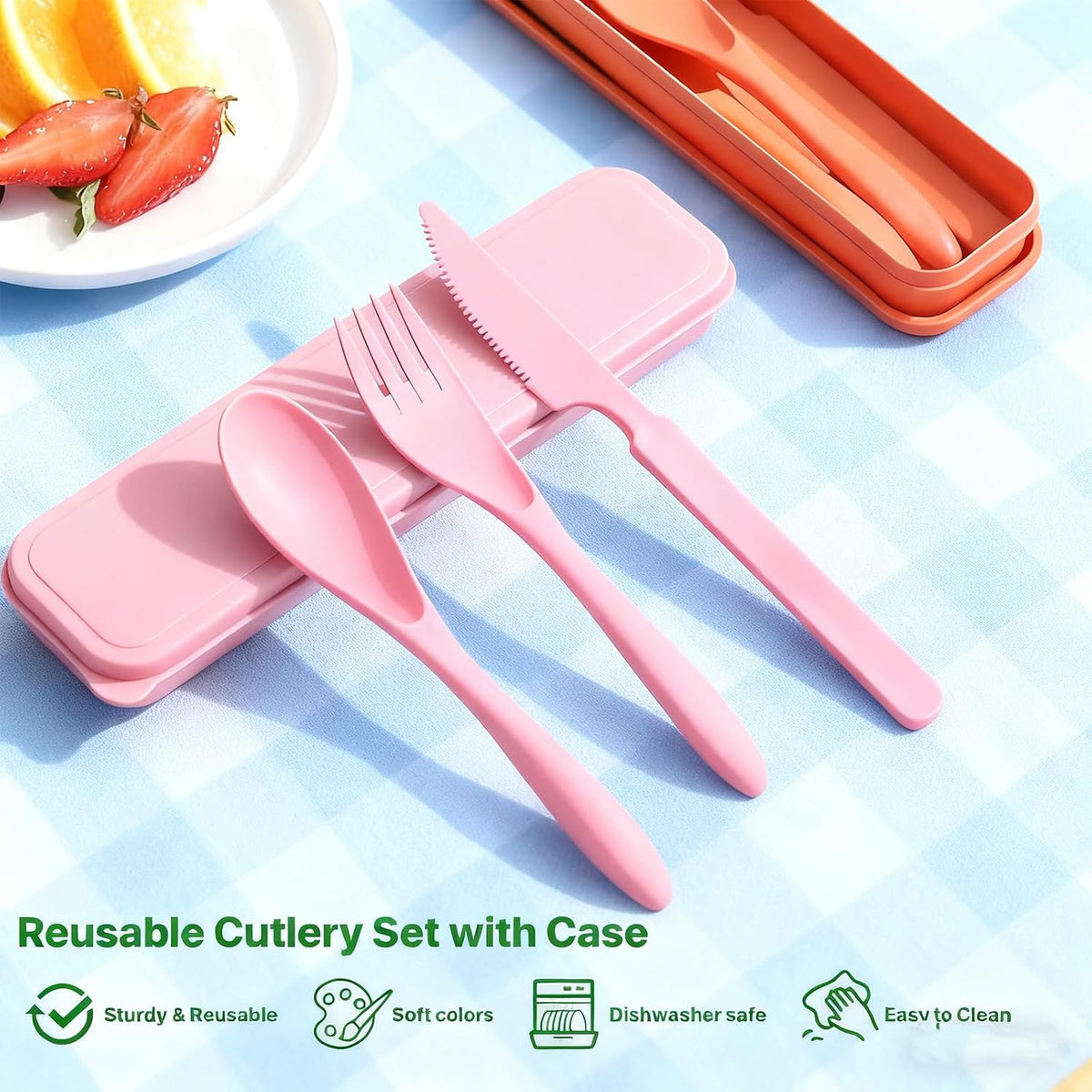 Travel Utensils with Case, Camping Utensil Sets, Wheat Straw Portable Knife Fork Spoons Tableware, Reusable Utensils for Lunch Box (Black)