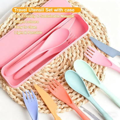 Travel Utensils with Case, Camping Utensil Sets, Wheat Straw Portable Knife Fork Spoons Tableware, Reusable Utensils for Lunch Box (Black)