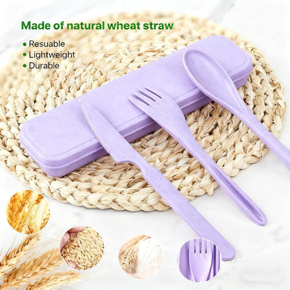 Travel Utensils with Case, Camping Utensil Sets, Wheat Straw Portable Knife Fork Spoons Tableware, Reusable Utensils for Lunch Box (Black)