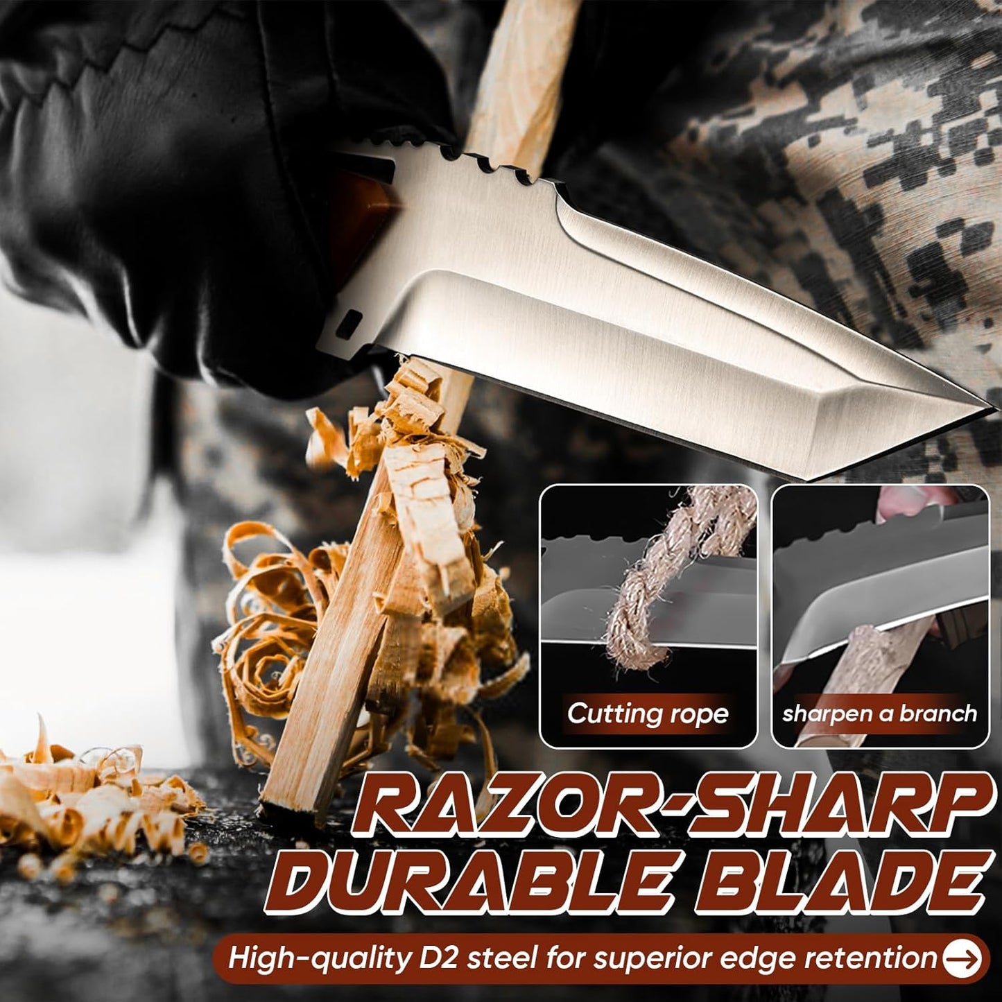 Fixed Blade Knife with Kydex Sheath - Plain Blade | D2 Steel Blade, Ergonomic G10 Handle, Gift Box, Outdoor Survival Gear, for Bushcraft Survival and Hiking