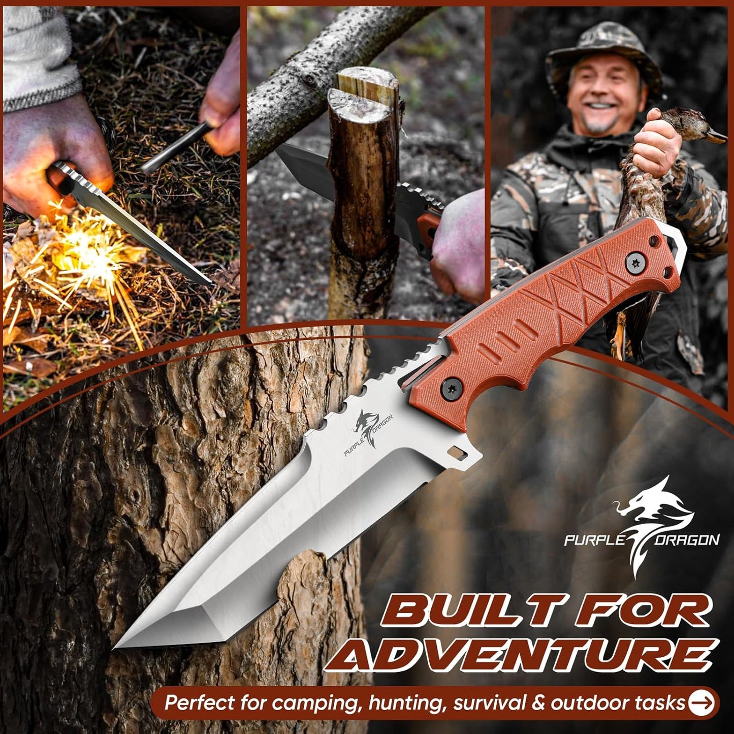 Fixed Blade Knife with Kydex Sheath - Plain Blade | D2 Steel Blade, Ergonomic G10 Handle, Gift Box, Outdoor Survival Gear, for Bushcraft Survival and Hiking