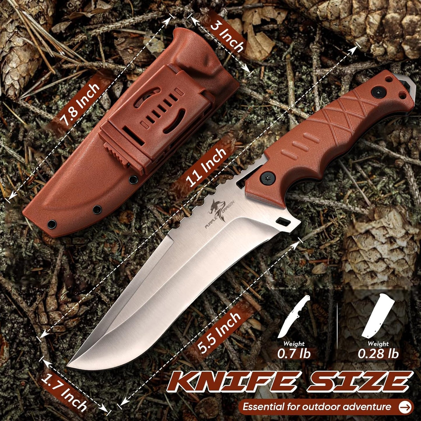 Fixed Blade Knife with Kydex Sheath - Plain Blade | D2 Steel Blade, Ergonomic G10 Handle, Gift Box, Outdoor Survival Gear, for Bushcraft Survival and Hiking