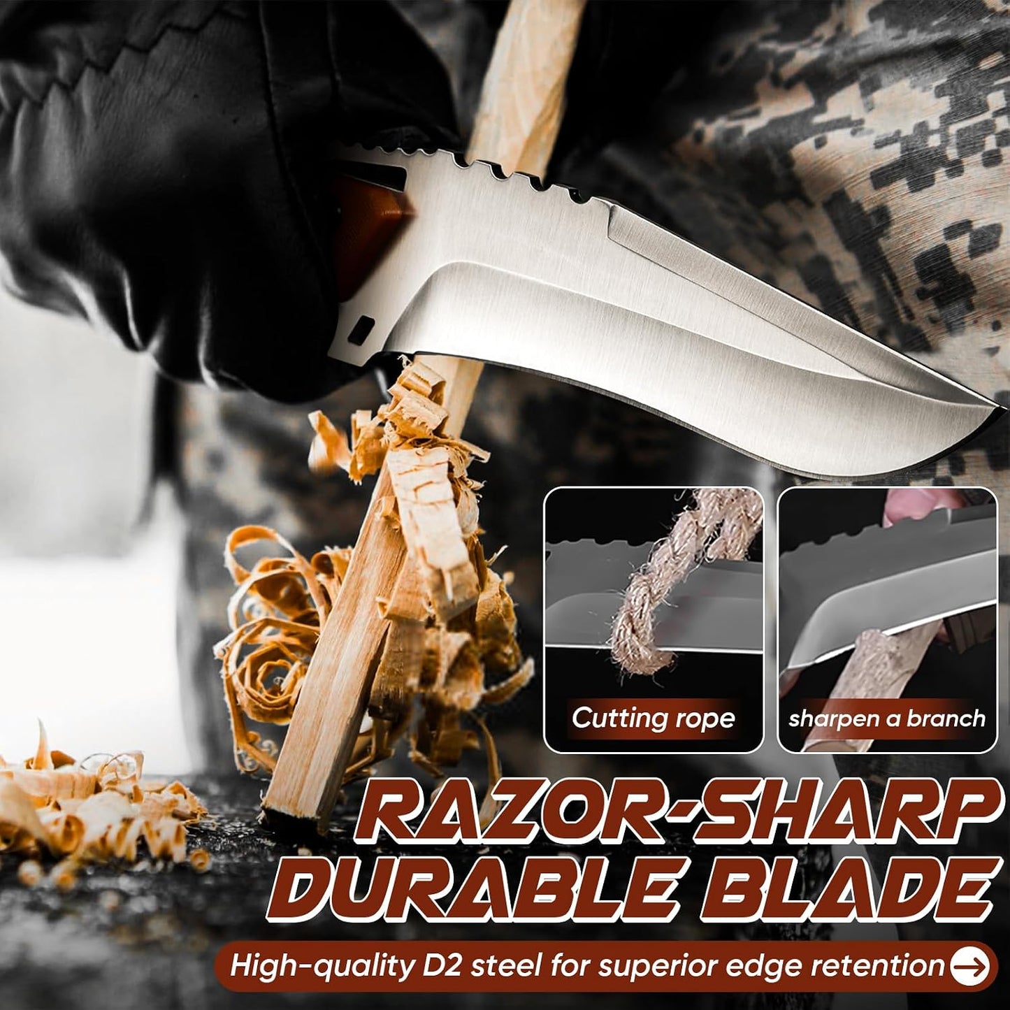 Fixed Blade Knife with Kydex Sheath - Plain Blade | D2 Steel Blade, Ergonomic G10 Handle, Gift Box, Outdoor Survival Gear, for Bushcraft Survival and Hiking