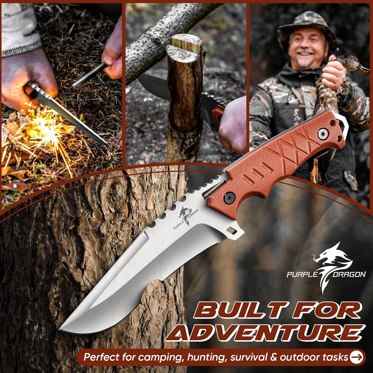 Fixed Blade Knife with Kydex Sheath - Plain Blade | D2 Steel Blade, Ergonomic G10 Handle, Gift Box, Outdoor Survival Gear, for Bushcraft Survival and Hiking