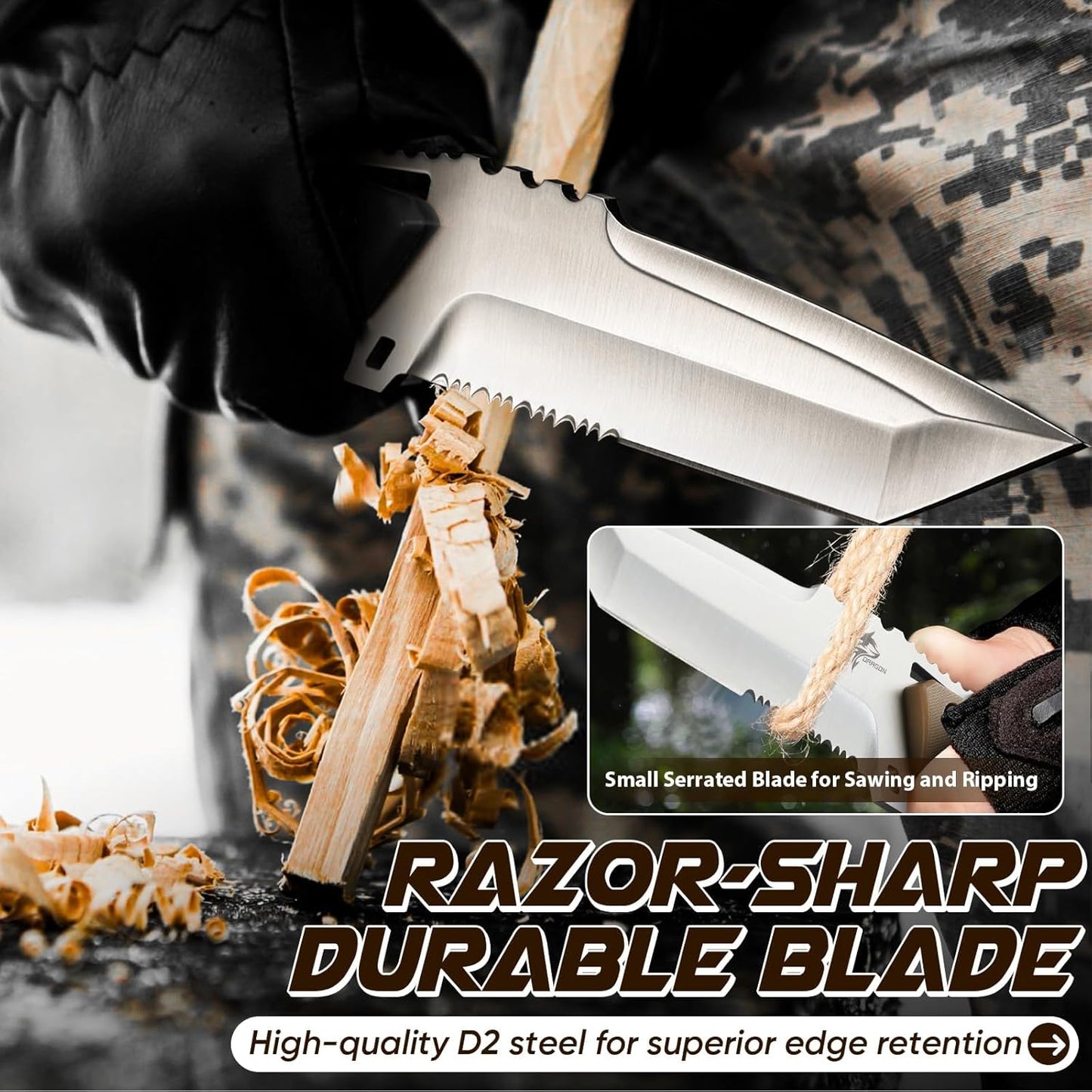 Fixed Blade Knife with Kydex Sheath - Plain Blade | D2 Steel Blade, Ergonomic G10 Handle, Gift Box, Outdoor Survival Gear, for Bushcraft Survival and Hiking