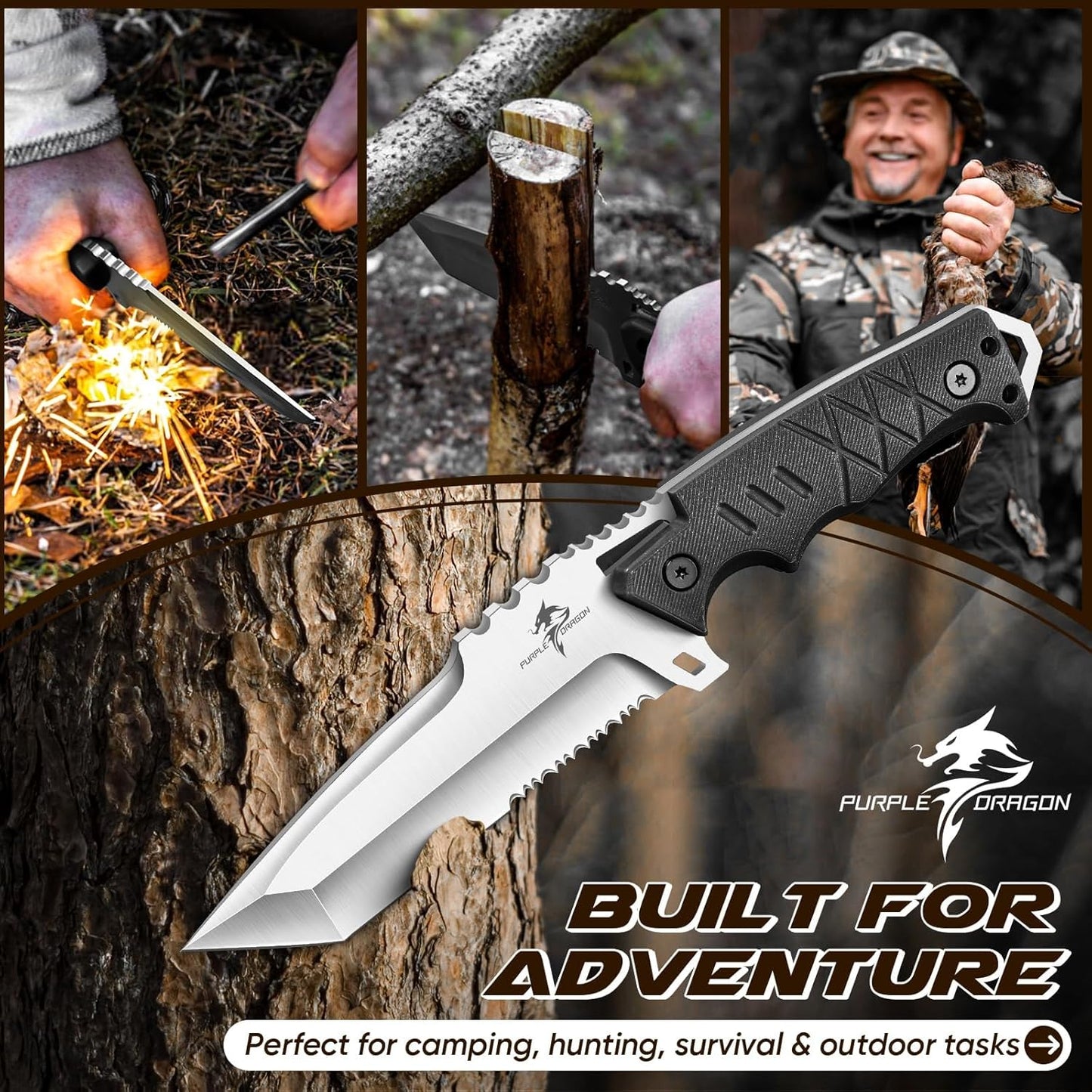 Fixed Blade Knife with Kydex Sheath - Plain Blade | D2 Steel Blade, Ergonomic G10 Handle, Gift Box, Outdoor Survival Gear, for Bushcraft Survival and Hiking