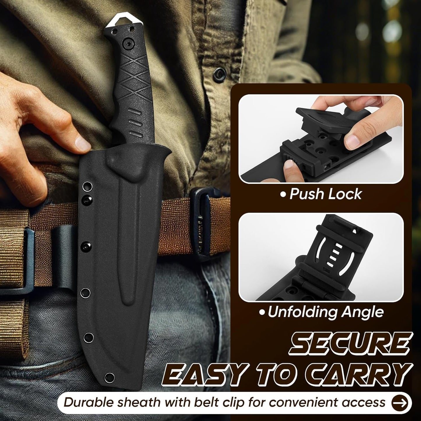 Fixed Blade Knife with Kydex Sheath - Plain Blade | D2 Steel Blade, Ergonomic G10 Handle, Gift Box, Outdoor Survival Gear, for Bushcraft Survival and Hiking