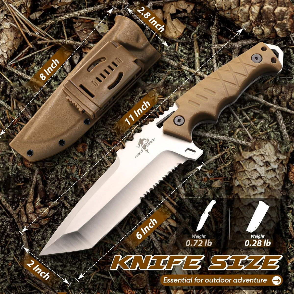 Fixed Blade Knife with Kydex Sheath - Plain Blade | D2 Steel Blade, Ergonomic G10 Handle, Gift Box, Outdoor Survival Gear, for Bushcraft Survival and Hiking