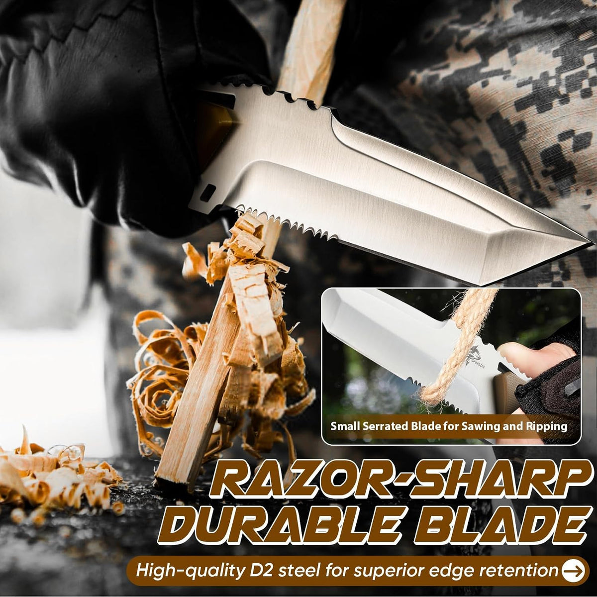 Fixed Blade Knife with Kydex Sheath - Plain Blade | D2 Steel Blade, Ergonomic G10 Handle, Gift Box, Outdoor Survival Gear, for Bushcraft Survival and Hiking