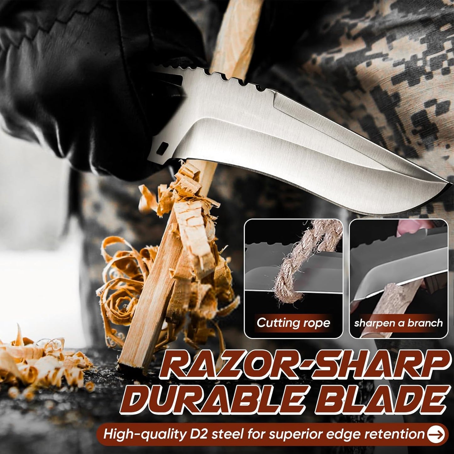 Fixed Blade Knife with Kydex Sheath - Plain Blade | D2 Steel Blade, Ergonomic G10 Handle, Gift Box, Outdoor Survival Gear, for Bushcraft Survival and Hiking