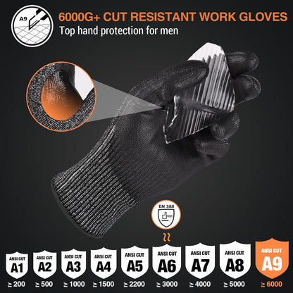 A9 Cut Resistant Work Gloves for Men, Safety Gloves for Men Touchscreen with Reinforced Thumb for Metal Glass Wood