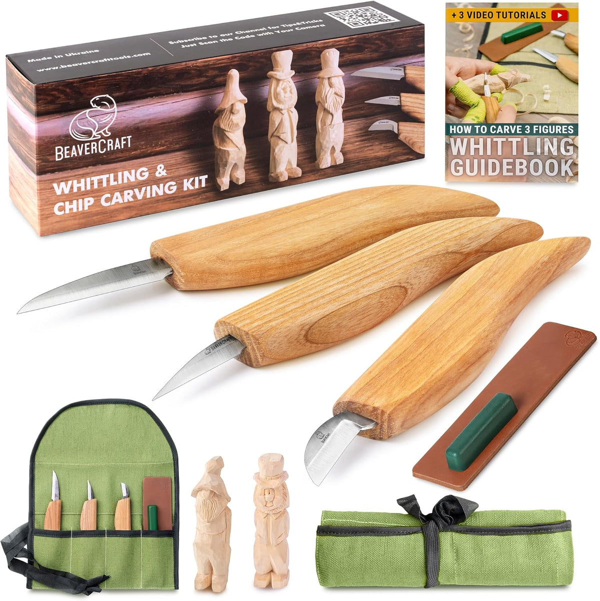 Wood Carving Knife Kit S15 Whittling Kit for Beginners, Kids - Wood Carving Tools Set with Detail Chip Knife Sloyd Whittling Knives & Leather Strop, Polishing Compound and Tutorials