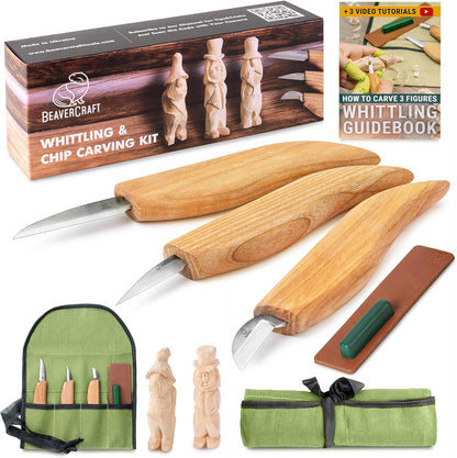 Wood Carving Knife Kit S15 Whittling Kit for Beginners, Kids - Wood Carving Tools Set with Detail Chip Knife Sloyd Whittling Knives & Leather Strop, Polishing Compound and Tutorials