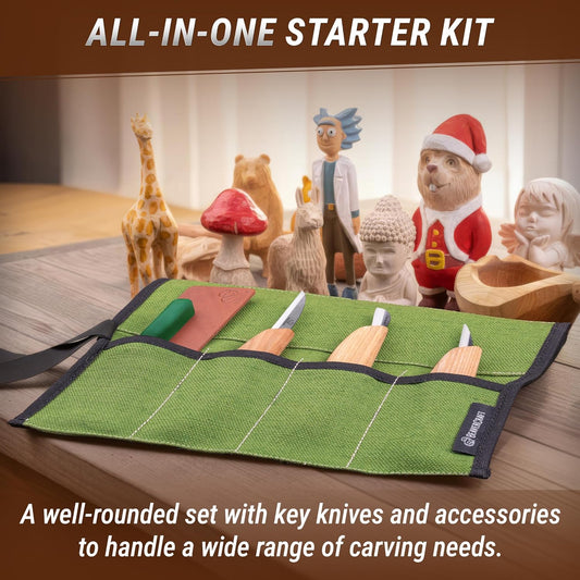 Wood Carving Knife Kit S15 Whittling Kit for Beginners, Kids - Wood Carving Tools Set with Detail Chip Knife Sloyd Whittling Knives & Leather Strop, Polishing Compound and Tutorials