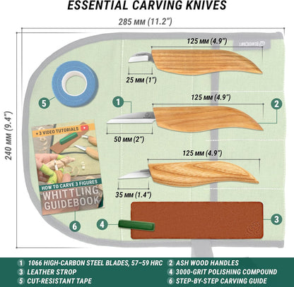 Wood Carving Knife Kit S15 Whittling Kit for Beginners, Kids - Wood Carving Tools Set with Detail Chip Knife Sloyd Whittling Knives & Leather Strop, Polishing Compound and Tutorials