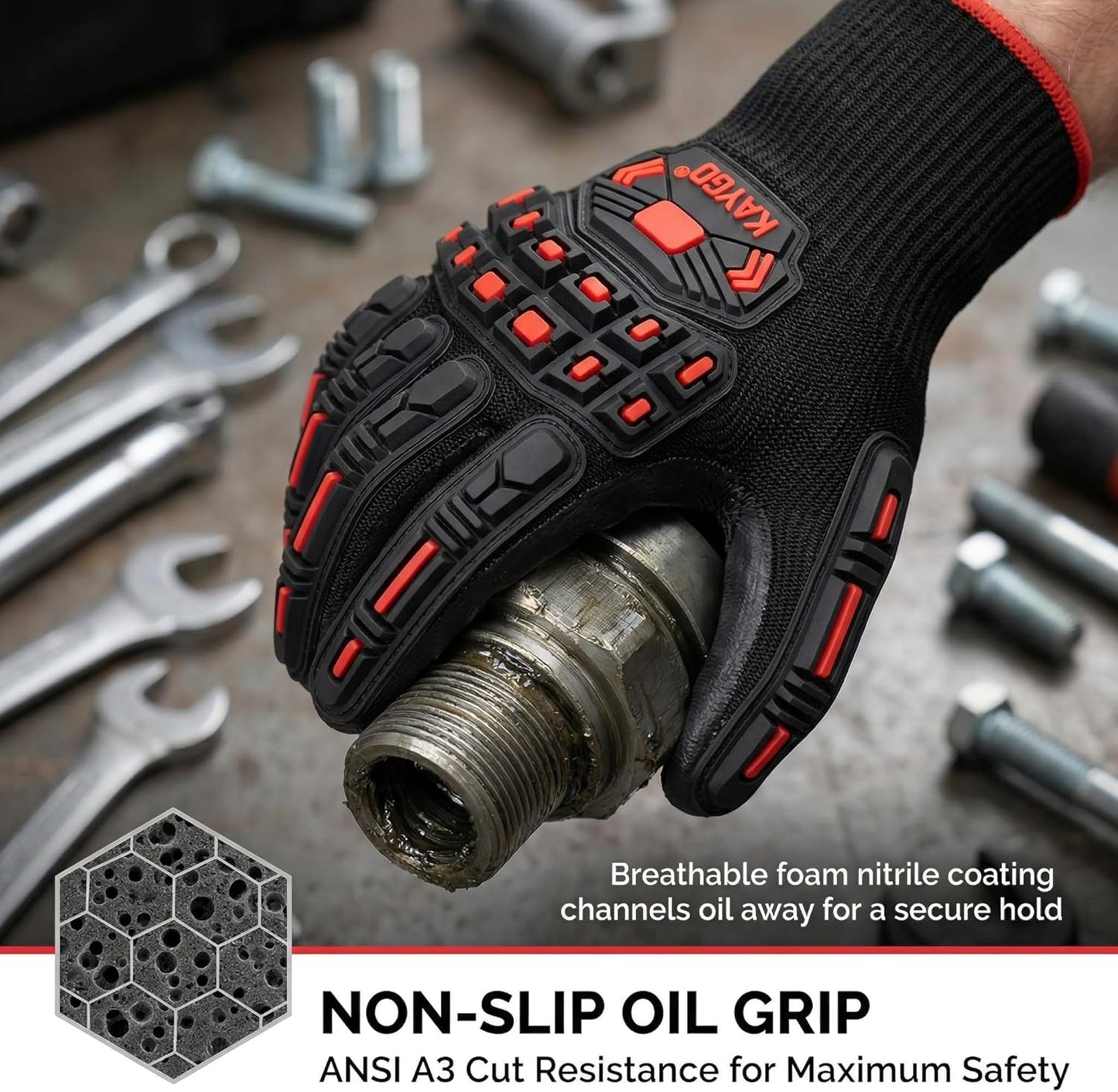 TPR Impact Reducing Work Gloves for Men,ANSI A3 Cut Resistant,Micro-Foam Nitrile Coated,Anti-Abrasion & Firm Grip,Ideal for Light Oil Work,Construction,Mechanics,Glass Handling,KG30NB