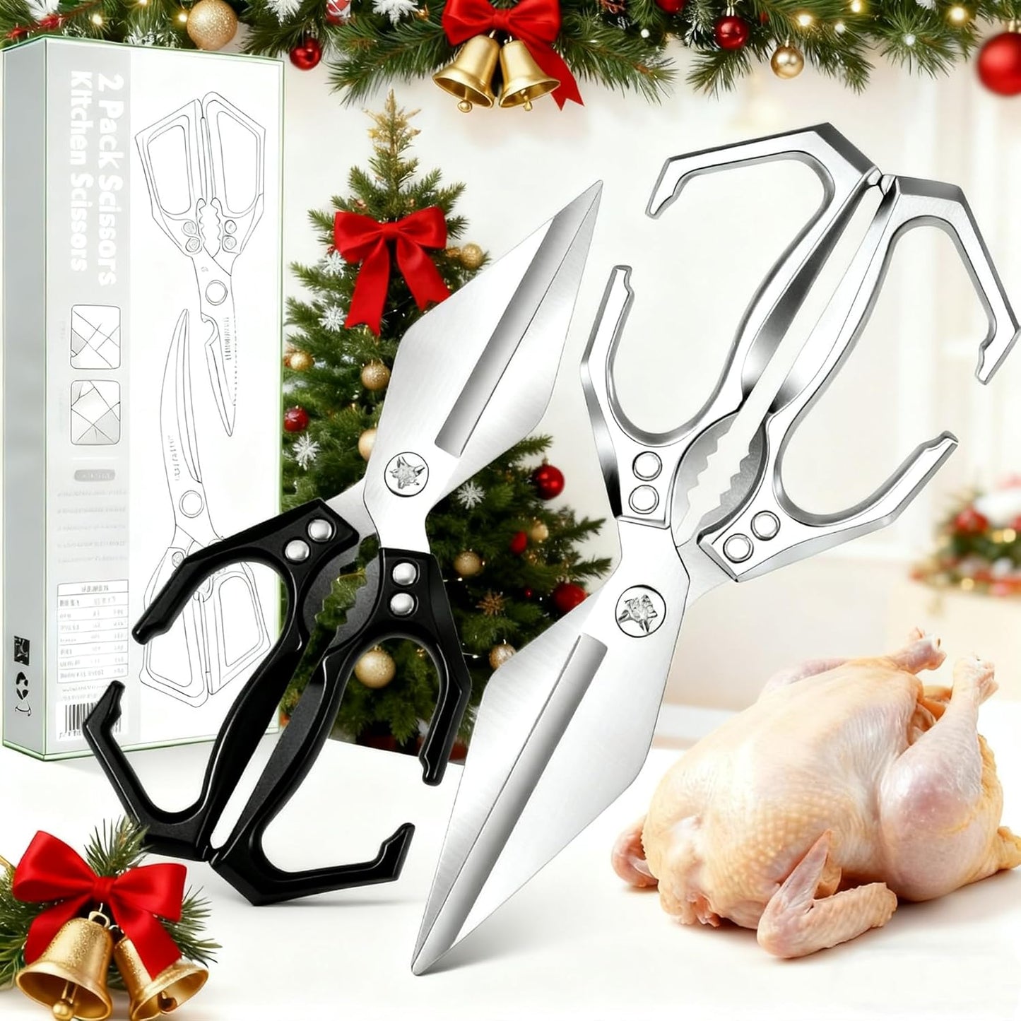 2-Piece Kitchen Scissors Set - Heavy Duty Poultry & Cooking Shears, High-Carbon Steel Meat Scissors for Chicken Bones/Seafood/Herbs, Ergonomic Handle Black & Silver