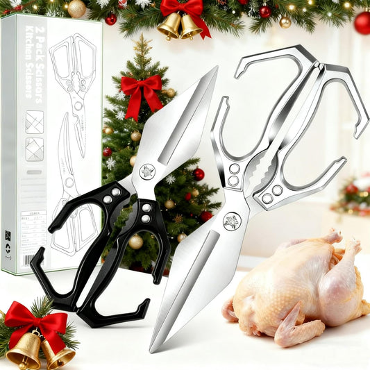 2-Piece Kitchen Scissors Set - Heavy Duty Poultry & Cooking Shears, High-Carbon Steel Meat Scissors for Chicken Bones/Seafood/Herbs, Ergonomic Handle Black & Silver