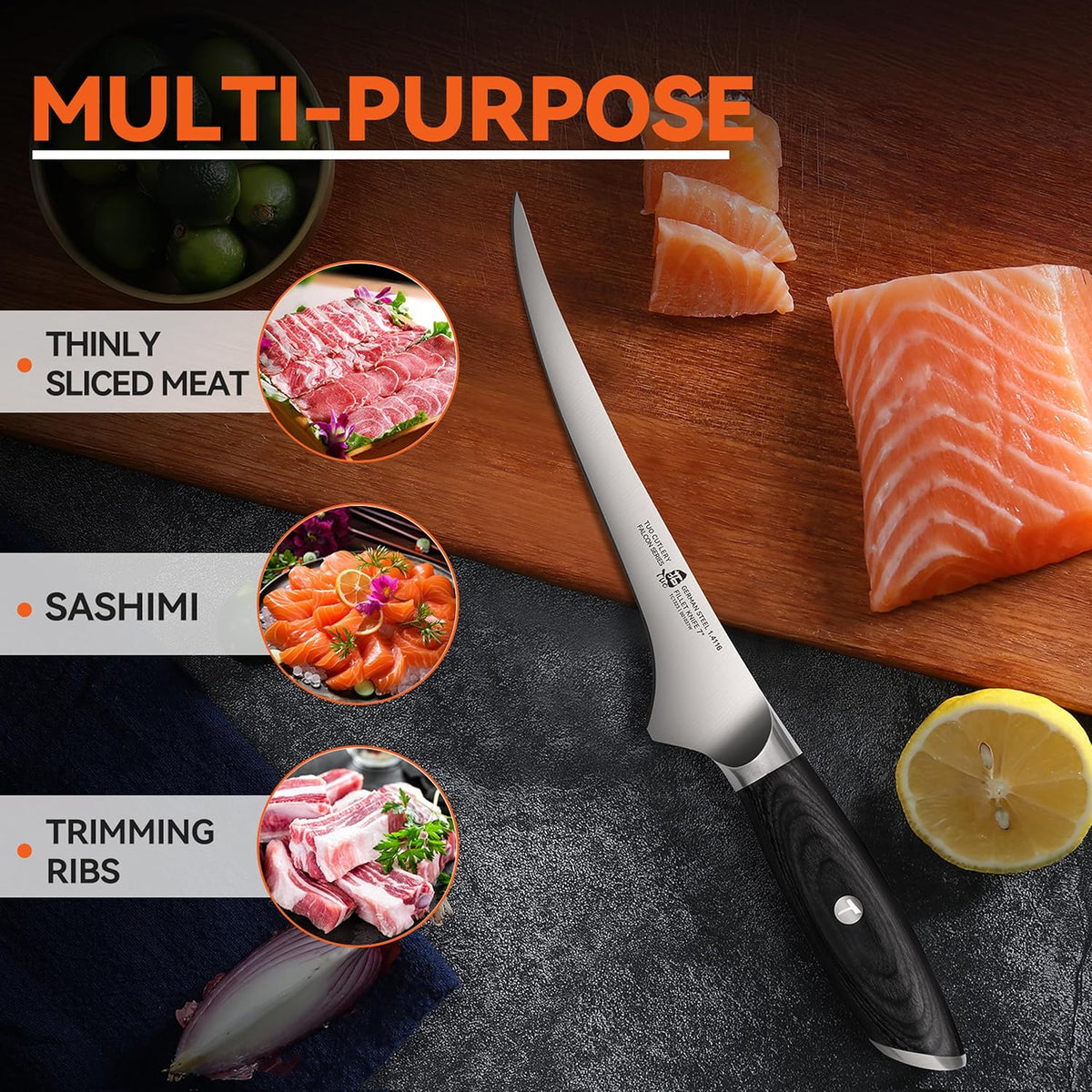 Fillet Knife, 7 Inch Professional Fish Boning Knife for Trimming Meat & Poultry, Flexible Blade, High Carbon German Steel, Riveted Handle - Falcon Series