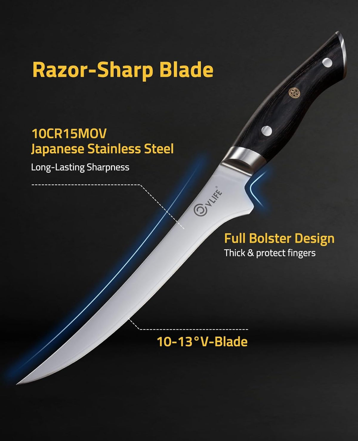 Fillet Knife with Leather Sheath, 7.2" Sharp 10Cr15Mov Steel Blade
