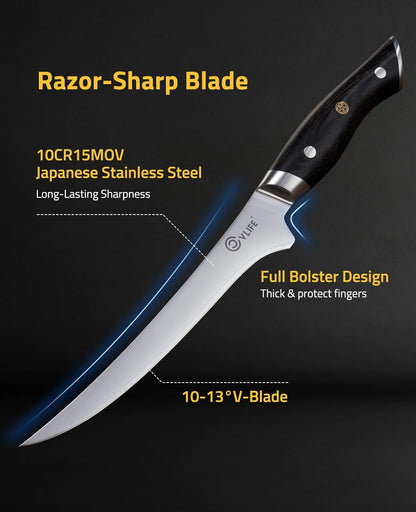 Fillet Knife with Leather Sheath, 7.2" Sharp 10Cr15Mov Steel Blade