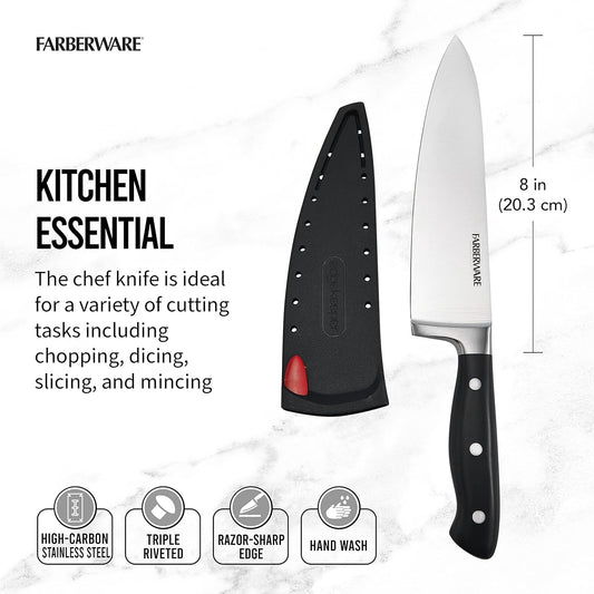 Edgekeeper 8-Inch Forged Triple Riveted Chef Knife with Self-Sharpening Blade Cover, High Carbon-Stainless Steel Kitchen Knife with Ergonomic Handle, Razor-Sharp Knife, Black