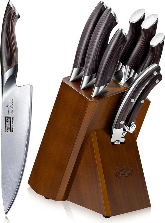 8PCS Kitchen Knife Set, Ultra Sharp Japanese Knife Sets with Block | Japanese High Carbon Super Steel Knife Block Set, Professional Chef Knife Set with Scissors, Ergonomic Handle, Ideal Gifts