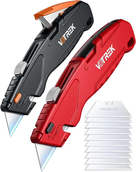 VOTREK® Box Cutter Retractable| Metal Utility Knife Set【Built-In Storage】Tool-Free Quick Blade Change| Safety Lock| Extra 10 Sharp SK5 Blades| 2-Pack Razor Knife for Cardboard & Paper Craft Tools