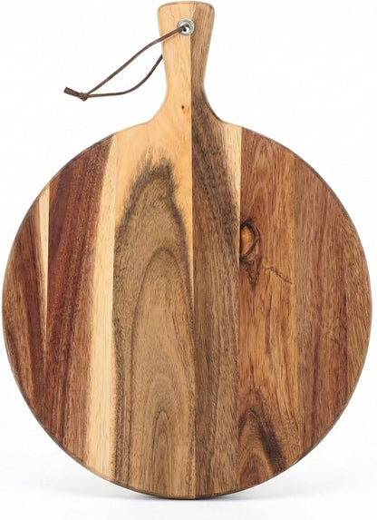 Round Acacia Wood Cutting Board with Handle - 12 Inch Wooden Charcuterie Board and Serving Platter - 0.7" Thick Acacia Wood Chopping Board for Kitchen with Leather Strap