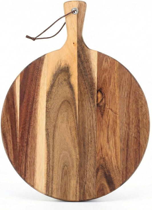 Round Acacia Wood Cutting Board with Handle - 12 Inch Wooden Charcuterie Board and Serving Platter - 0.7" Thick Acacia Wood Chopping Board for Kitchen with Leather Strap