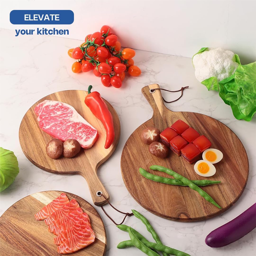 Round Acacia Wood Cutting Board with Handle - 12 Inch Wooden Charcuterie Board and Serving Platter - 0.7" Thick Acacia Wood Chopping Board for Kitchen with Leather Strap