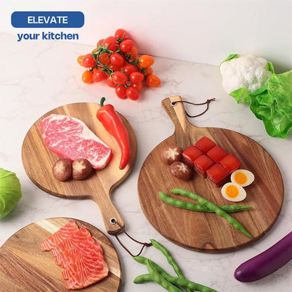 Round Acacia Wood Cutting Board with Handle - 12 Inch Wooden Charcuterie Board and Serving Platter - 0.7" Thick Acacia Wood Chopping Board for Kitchen with Leather Strap