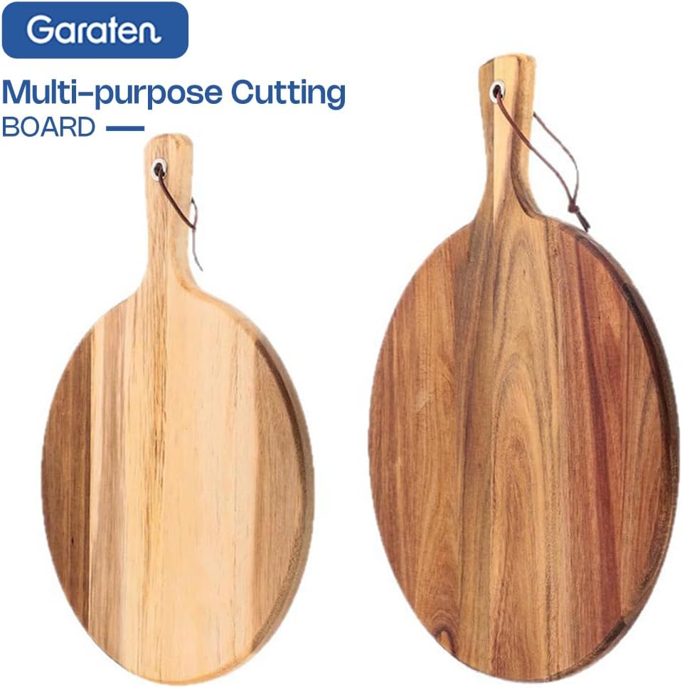 Round Acacia Wood Cutting Board with Handle - 12 Inch Wooden Charcuterie Board and Serving Platter - 0.7" Thick Acacia Wood Chopping Board for Kitchen with Leather Strap