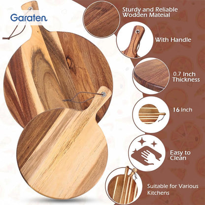 Round Acacia Wood Cutting Board with Handle - 12 Inch Wooden Charcuterie Board and Serving Platter - 0.7" Thick Acacia Wood Chopping Board for Kitchen with Leather Strap