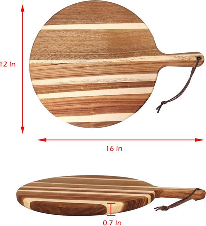 Round Acacia Wood Cutting Board with Handle - 12 Inch Wooden Charcuterie Board and Serving Platter - 0.7" Thick Acacia Wood Chopping Board for Kitchen with Leather Strap