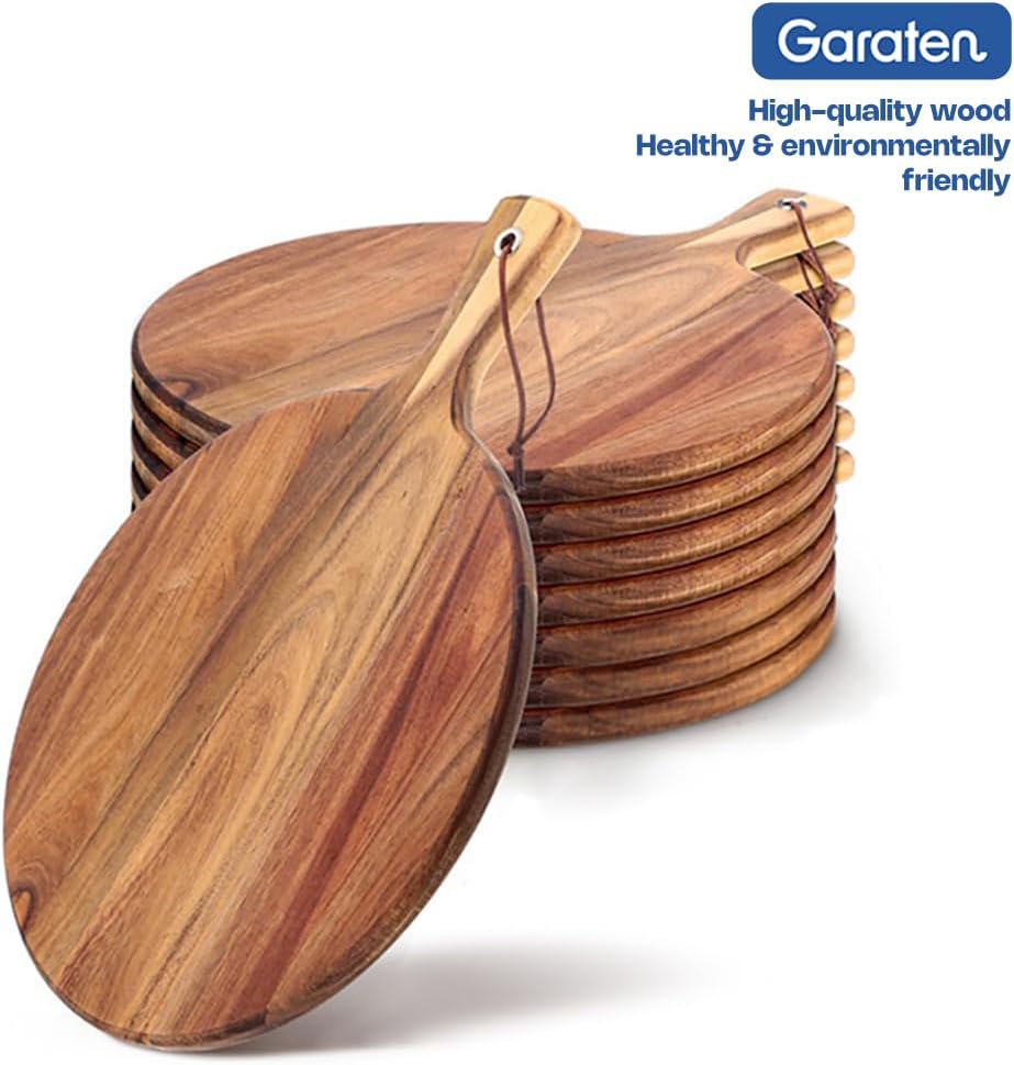 Round Acacia Wood Cutting Board with Handle - 12 Inch Wooden Charcuterie Board and Serving Platter - 0.7" Thick Acacia Wood Chopping Board for Kitchen with Leather Strap