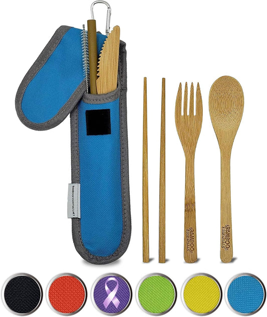 Travel Utensils with Case Set Fork, Knife, Spoon, Chopsticks, Straw, Straw-cleaning brush, Travel Pouch and Carabiner, Excellent For Everyday Use! ((1Set) Sky Blue)