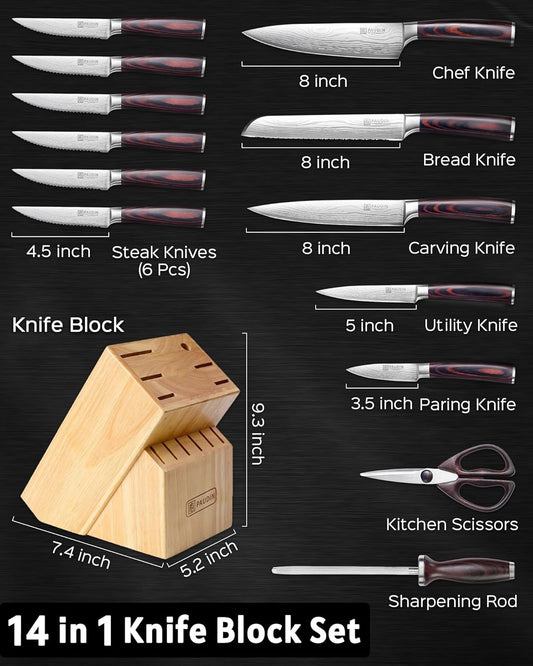 Kitchen Knife Set with Block, 14 Pieces Knife Sets for Kitchen with Block, High Carbon German Stainless Steel Sharp Chef Knife Set with Ergonomic Pakkawood Handle