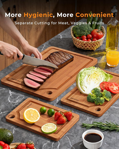 Bamboo Cutting Board for Kitchen, Knife-Friendly Wooden Cutting Boards Set | 3-Piece with Juice Groove, Durable Chopping Boards for Meat, Vegetables, Fruits, Cheese – Multi-Purpose, Kitchen Gifts