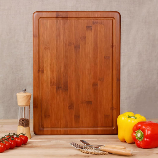 Bamboo 1" Thick Cutting Boards for Kitchen, 17" x 12" x 1" | Large Deep-carbon Charcuterie Board with Deep Juice Grooves & Built-in Handles for Countertop, Ideal for Meat, Vegetables