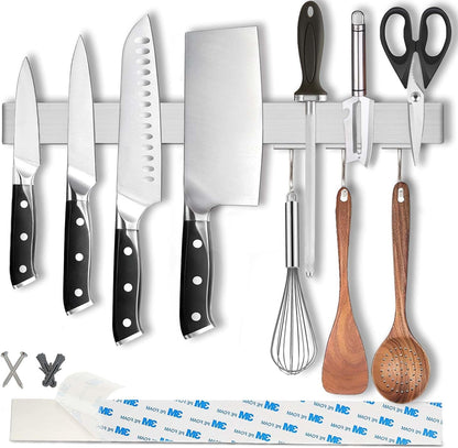 14 Inch Magnetic Knife Holder for Refrigerator - Knife Magnetic Strip for Fridge with Magnetic Hooks - Double Sided Magnetic Knife Bar - Stainless Steel Kitchen Magnetic Knife Hanger Rack