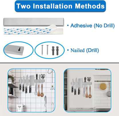 14 Inch Magnetic Knife Holder for Refrigerator - Knife Magnetic Strip for Fridge with Magnetic Hooks - Double Sided Magnetic Knife Bar - Stainless Steel Kitchen Magnetic Knife Hanger Rack